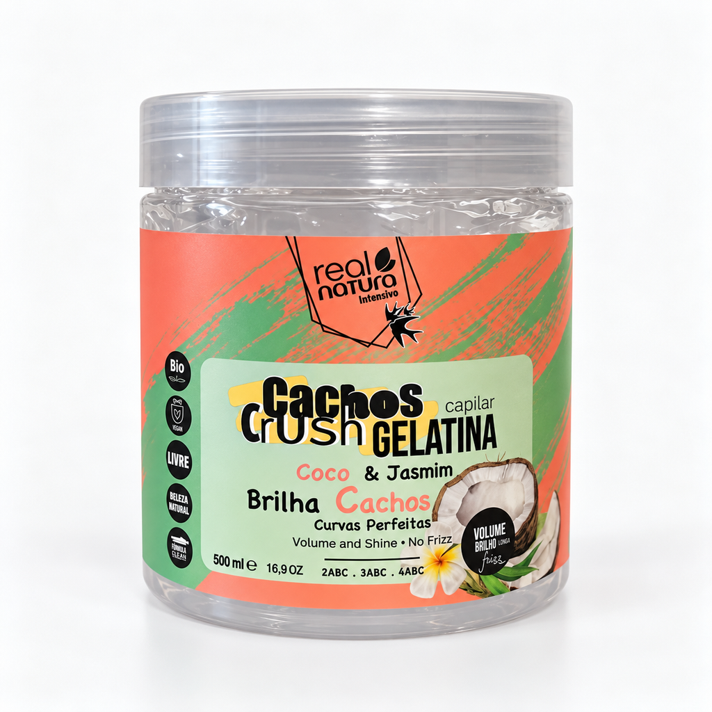 Gelatina capillare Real Natura Cachos Crush Coco e Jasmim 500 ml, confezione fronte