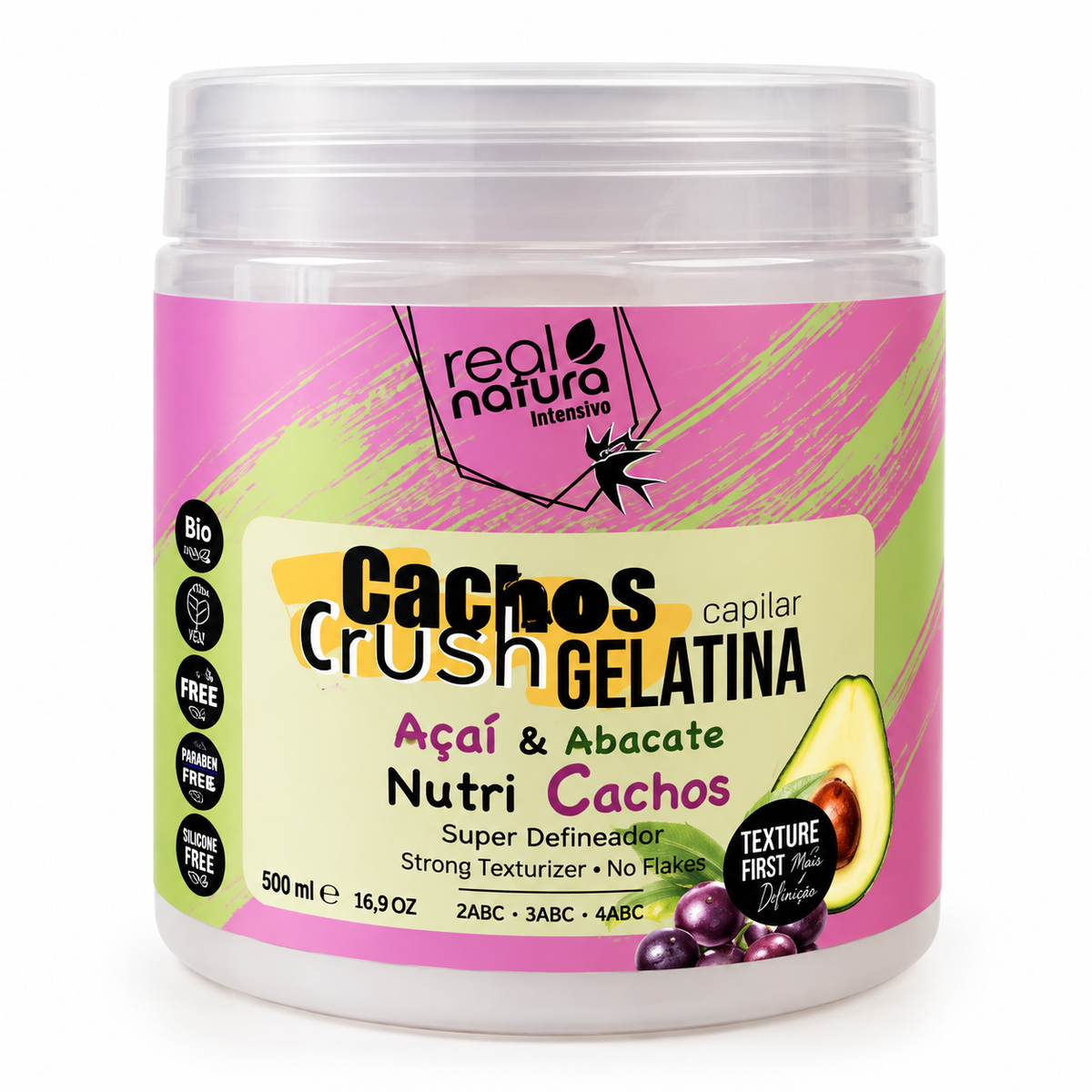 Real Natura Cachos Crush gelatina capillare Açaí e Abacate 500 ml, fronte